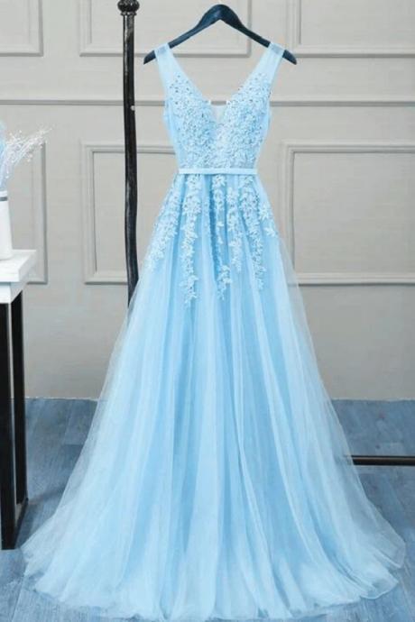 Romantic Tulle Lace V Back Sky Blue See Through Prom Dress Formal Dress M3162