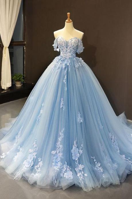 Sweetheart Off Shoulder Prom Dresses,flowers Applique Ball Gowns,blue Tulle Lace Prom Dress,formal Gowns M3163