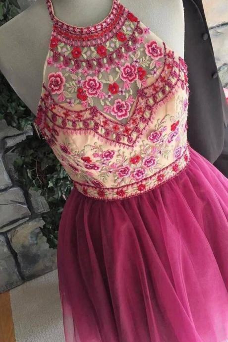 Cute Halter Fuchsia Floral Embroidery Short Homecoming Dress M3164