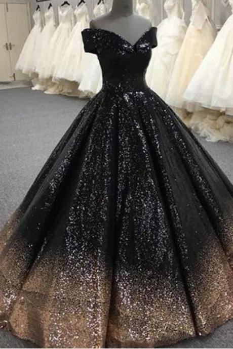 Bling Sequins Black Ball Prom Dresses Off Shoulder Formal Gown M3167