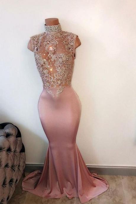 Pink High Neck Lace Sequin Mermaid Long Prom Dress, Evening Dress M3174