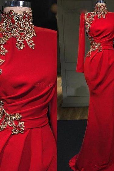 Red Mermaid Gold Lace Evening Dresses High Neck Long Sleeves Prom Gowns M3176