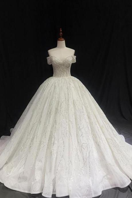 Ivory Crystal Beaded Sparkling Off The Shoulder Royal Ballgown Princess Wedding Dress M3190
