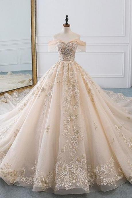 Champagne Off Shoulder Tulle Lace Long Wedding Dress, Wedding Gown M3193