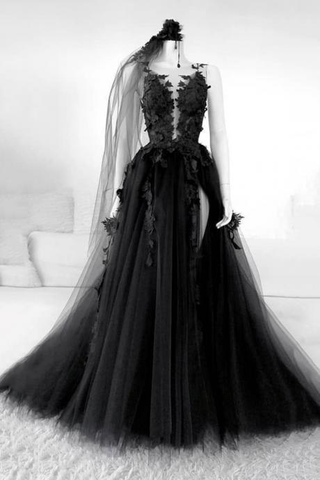 Black Lace Long A Line Prom Dress Black Evening Dress M3196