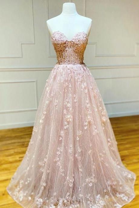 Sweetheart Neck Strapless Pink Floral Long Prom Dresses Formal Evening Dresses M3198