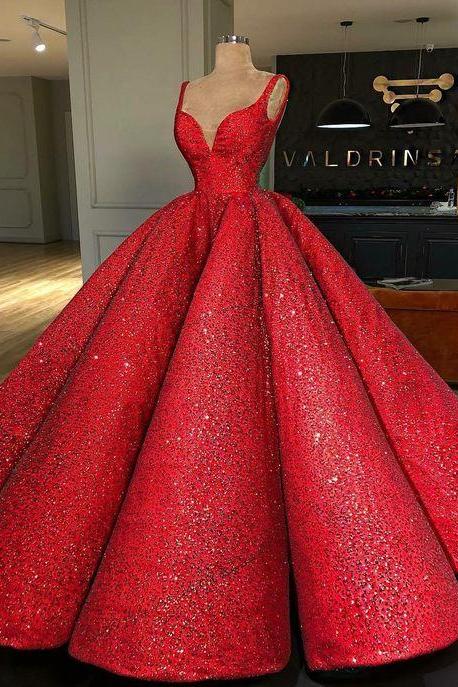 Ball Gown Sweep Train Red Sequin Prom Dress M3210