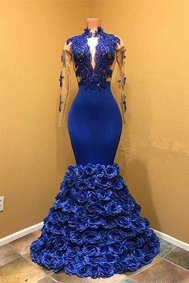 Long Sleeve Prom Dresses, Royal Blue Prom Dresses, Hand Made Flowers Prom Dresses, Lace Prom Dress M3213