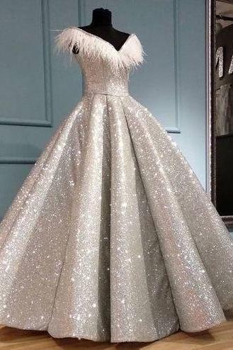 Sliver Glitter Sequins Ball Gown Prom Dress Feathers Sexy Deep V Neck Formal Evening Dress M3216