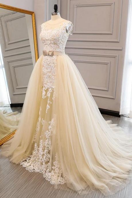 Champagne Lace Applique Prom Dresses,sleeveless Tulle Evening Dresses M3220
