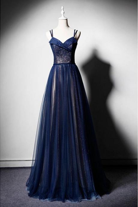 Dark Blue Tulle Long Prom Dress, Dark Blue Evening Dress M3221