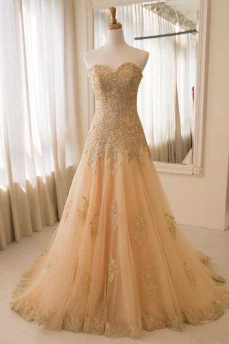 Strapless Champagne Wedding Dress With Appliques Evening Dresses M3232