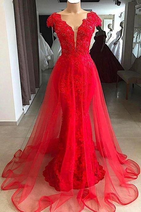 Red Lace Cap Sleeve Long V Neck Formal Prom Dress M3239
