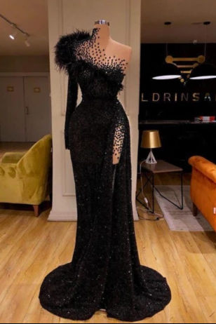 Black Evening Dresses High Neck Side Split Long Sleeve Mermaid Prom Dress Feather Beaded Sexy Special Occasion Gowns M3240