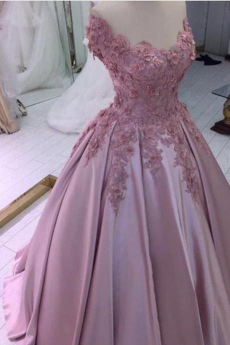 Charming Satin Off Shoulder Flowers Dusty Rose Ball Gown Prom Dresses M3245