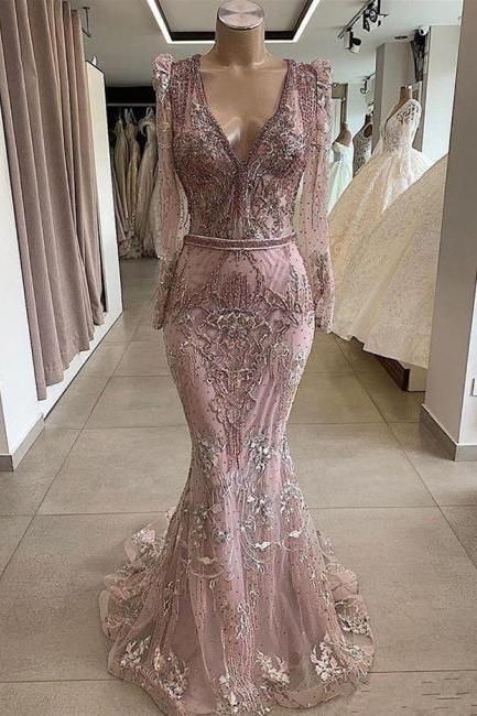 Gorgeous V-neck Long Sleeves Sheath Lace Prom Dresses M3253