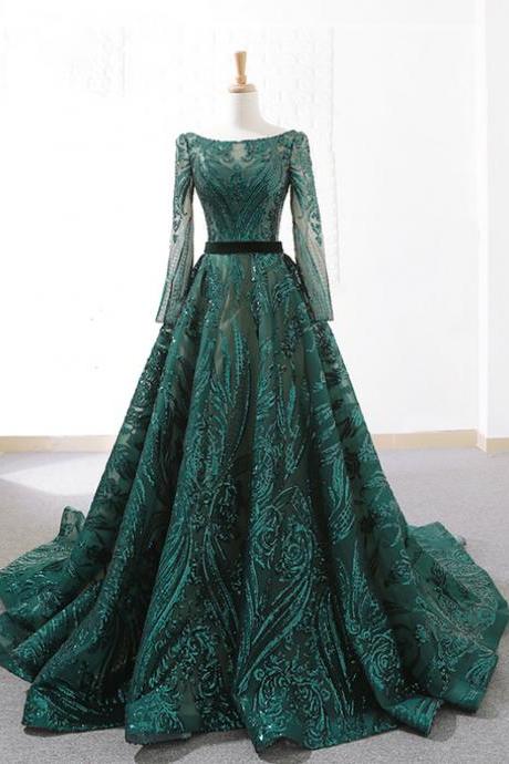 Elegant Shinning Long Sleeves Prom Dress, Lace Up Lace Prom Dresses With Sweep Train, Formal Sweet 16 Dresses M3260