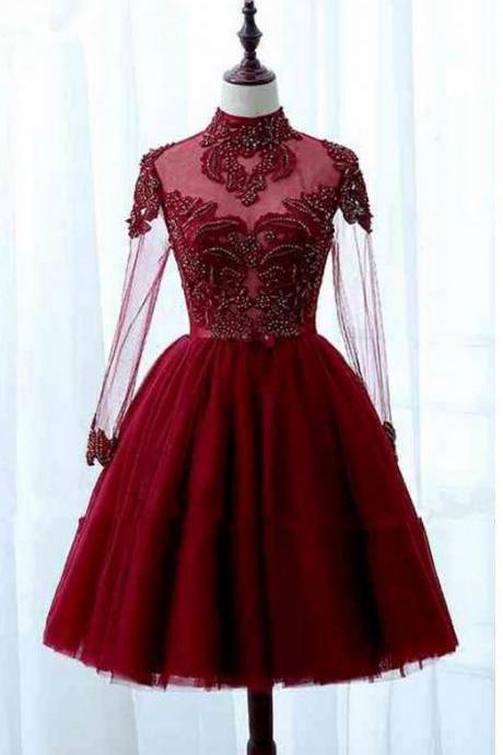 Red Tulle High Collar Short Homecoming Dresses,Long Sleeve Lace Homecoming Dresses,Appliques Evening Dresses m3262