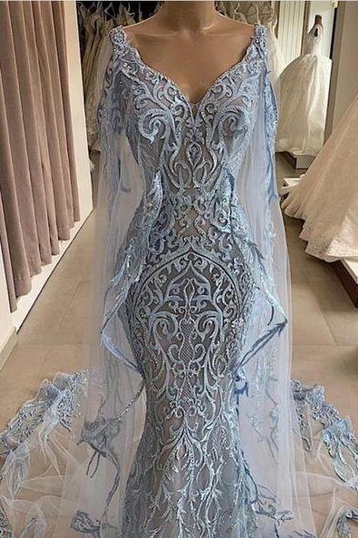 Lace Applique Mermaid Tulle With Long Cape Evening Dress M3269
