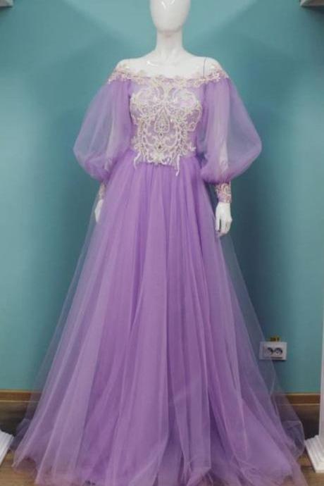 Vintage Prom Dresses, Lace Lilac Evening Dress M3274