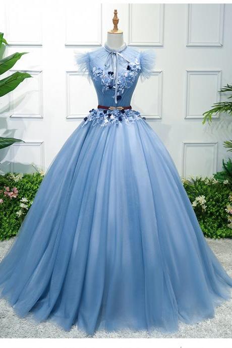 Blue party dress, stage outfit,high neck ball gown, personality design, fairy dress,Custom made m3276