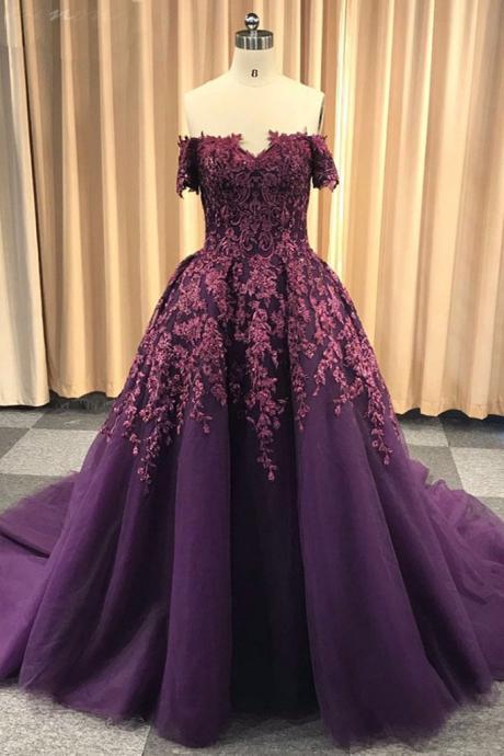 Purple Tulle Off Shoulder Strapless Sweep Train Long Winter Formal Prom Dress M3282