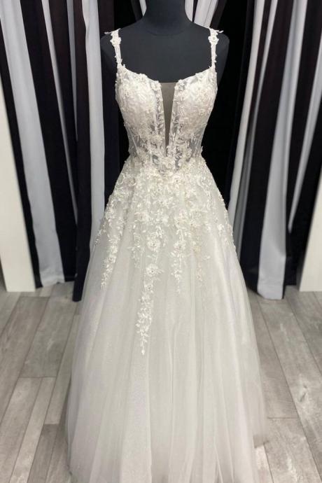 White Tulle Lace Spaghetti Straps Long Formal Dress Prom Dress, Customize Prom Gownes M3284