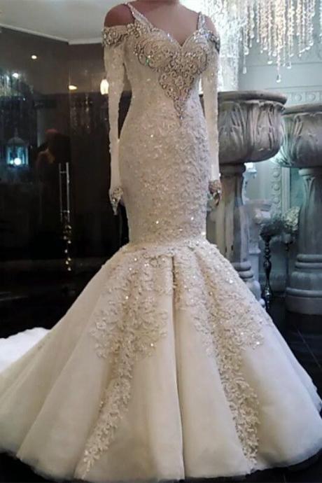 Unique Straps Longsleeves Mermaid Wedding Dresses White Sequins Lace Bridal Gowns With Appliques M3287