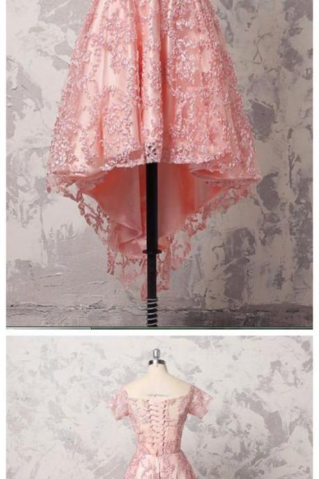 Pretty Pink Lace Short Sleeve High Low A-line Prom Dress M3288