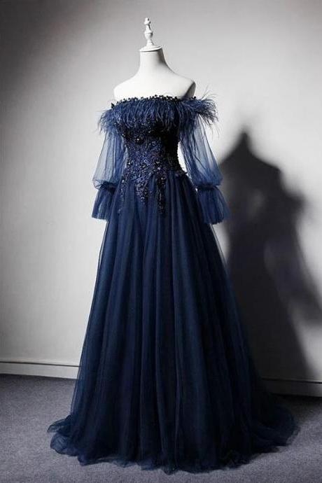 Navy Blue Tulle Lace Beading Off-shoulder Formal Evening Dresses,elegant Floor Length Appliques Long Sleeve Formal Prom Dresses M3291