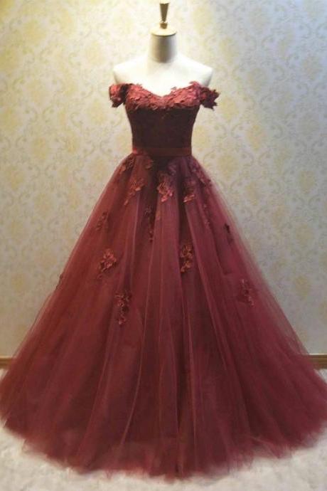 Burgundy Tulle Lace Long Prom Dress Evening Dress M3295
