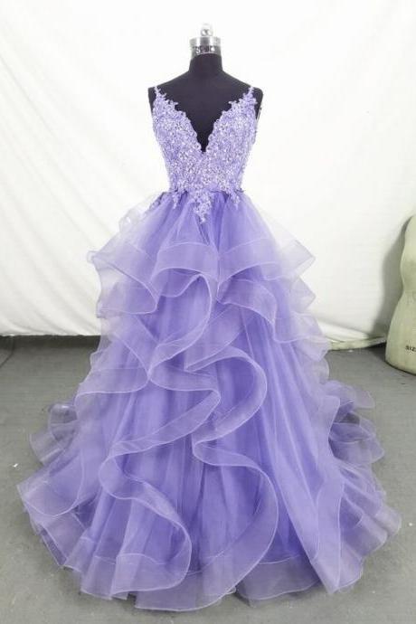 Lovely Purple Tulle Long Layers Handmade Formal Dress, Lace Top A-line Prom Dress M3300