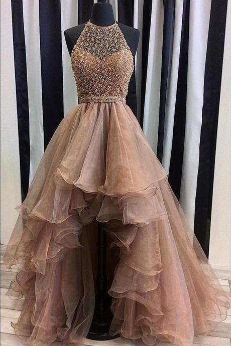 Sequins Beaded Prom Dress,organza Prom Dress,high Low Prom Dress,halter Prom Gowns,champagne Prom Dress,prom Dresses M3303