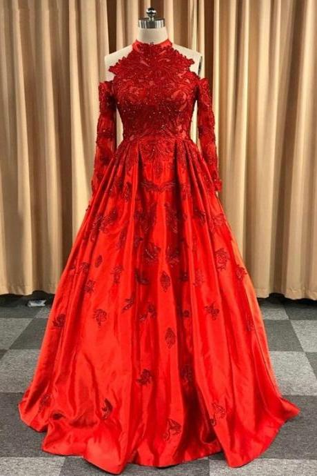 Gorgeous Red Satin Long Sleeve Prom Dress M3313