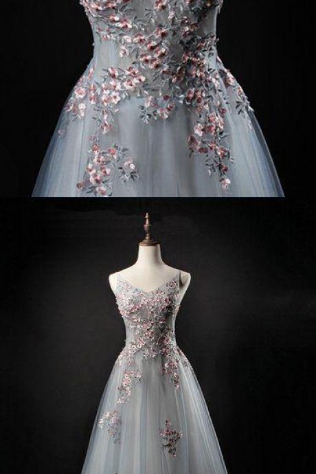 Gray Tulle Prom Dress, V Neck Prom Dresss , Long Evening Dress For Teens, Senior Prom Dress M3323