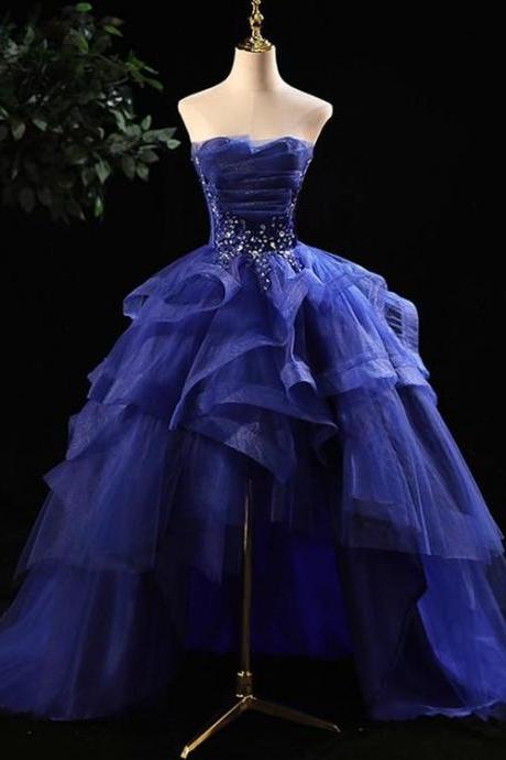 Blue Prom Dresses Ruffles Tiered Crystal Beaded Top Formalparty Dress, High Low Prom Dress M3326