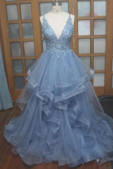 Blue Straps Layers V-neckline Lace Applique Formal Dress, Blue Gown Party Dress M3327