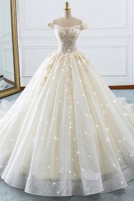 Sparkly Ball Gown Wedding Dresses Appliques Tulle Vintage Robe De Mariee Boat Neck Luxury Vestido De Novia M3330