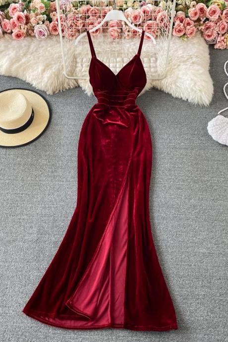 Burgundy Velvet Long Dress M3331