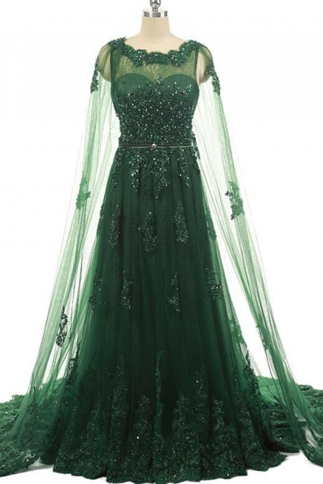 Elegant Women Formal Evening Gowns Dresses Beaded Lace Prom Dresses With Long Appliques Tulle Cape Emerald Green Evening Dress M3341