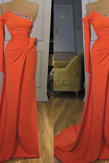 Coral Evening Dresses Long One Shoulder Beaded Sparkly Elegant Modest Mermaid Evening Gown M3350