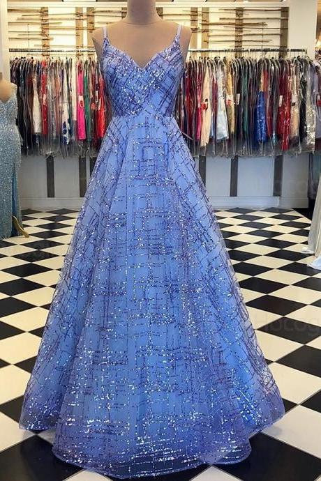Spaghetti Straps Sequin Pattern Blue Sparkle Prom Dress m3354