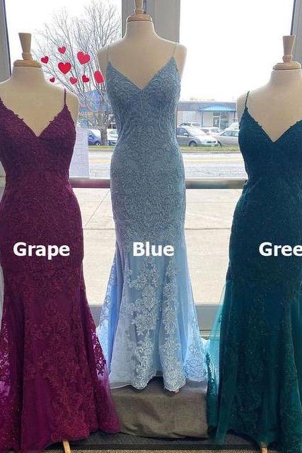 Spaghetti Straps Prom Dresses Evening Gown With Appliques M3356