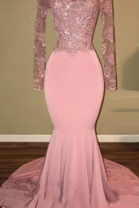 Shiny Pink Backless Prom Dress,beaded Long Sleeves Mermaid Prom Dresses,sexy Pink Prom Gowns,mermaid Prom Gowns M3358