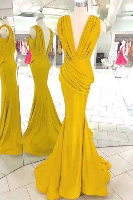 Yellow V Neck Long Prom Dress, Yellow Evening Dress M3359