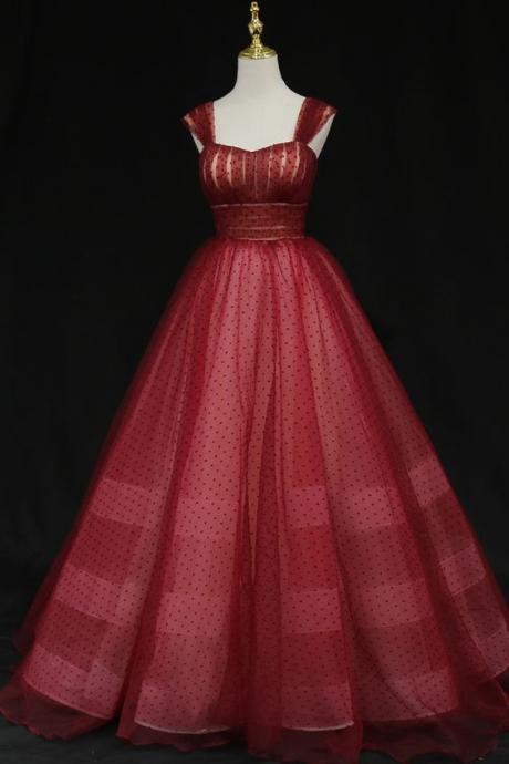 A-line Burgundy Tulle Long Prom Dress Party Dress M3364