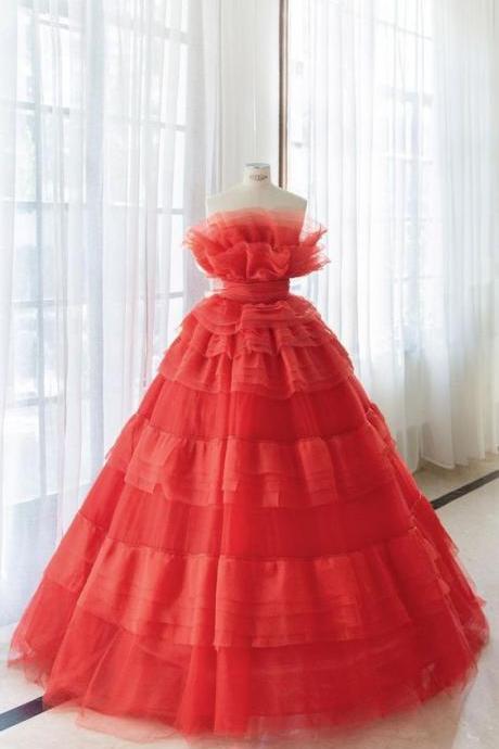Red Tulle Long Prom Dress, Red Evening Dress M3368