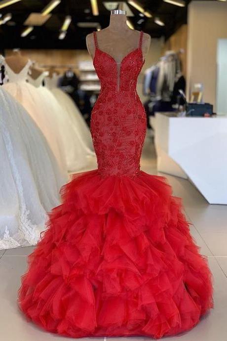 Spaghetti Straps Mermaid Red Long Prom Dress M3372