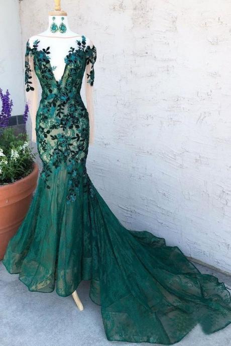 Mermaid Dark Green Prom Dresses With Long Sleeves Illusion Neck Party Dresses M3374