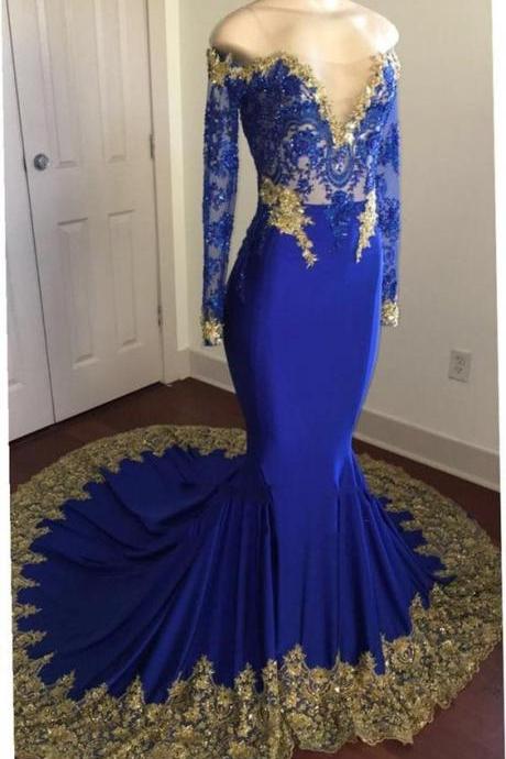 Sexy Mermaid Royal Blue And Gold Appliques Long Sleeves V Neck Off Shoulder Prom Dress M3379